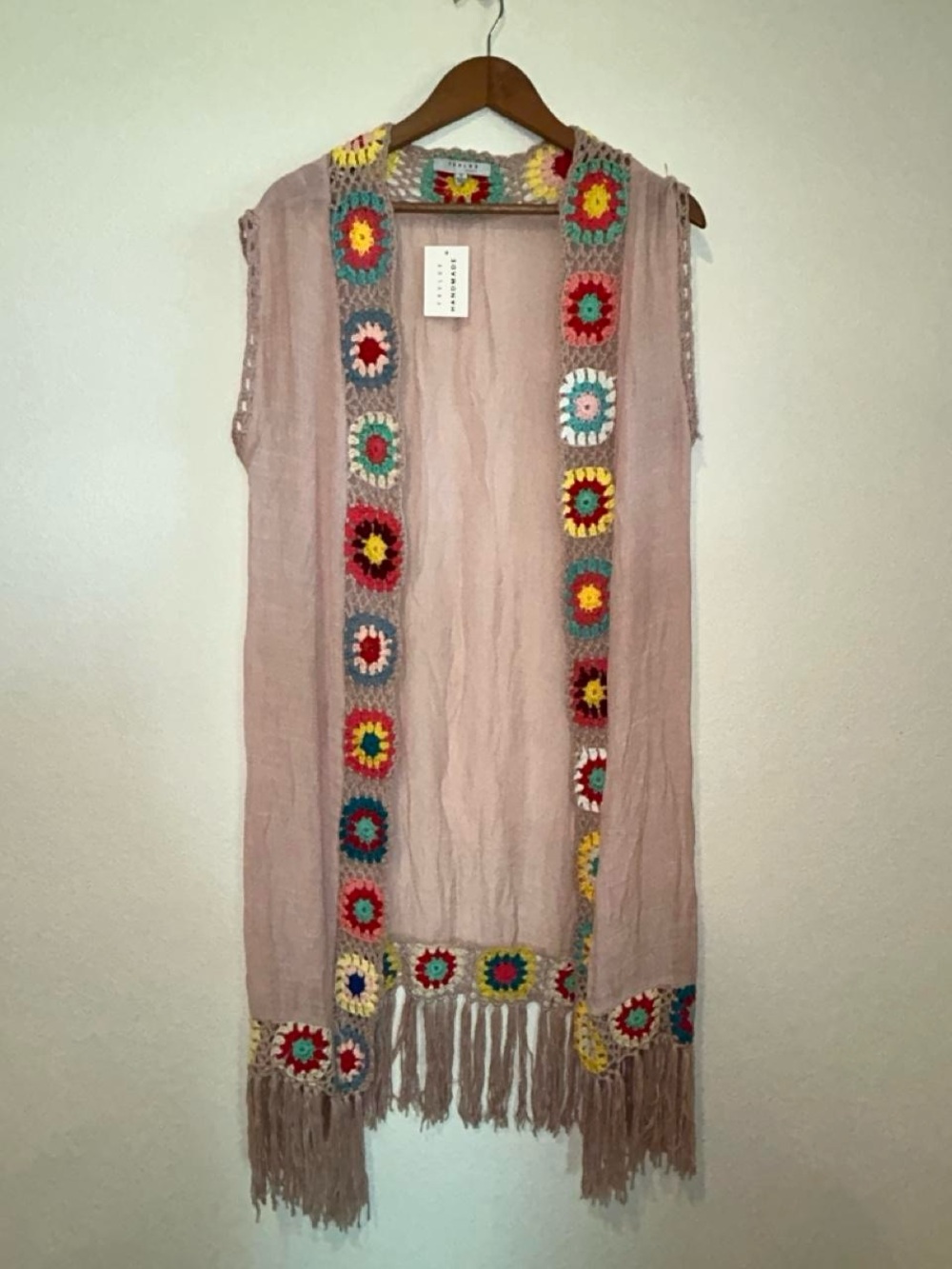 FAVLUX Pink Crochet Trim Fringe Vest
